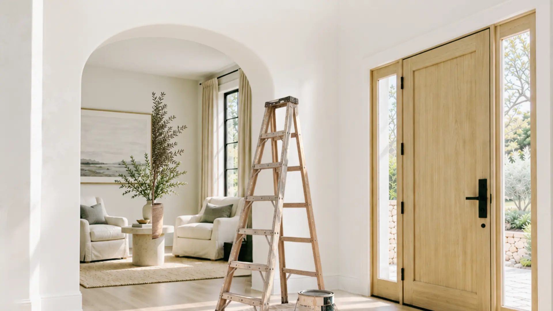 An entryway mid-prep, with a ladder and a can of paint